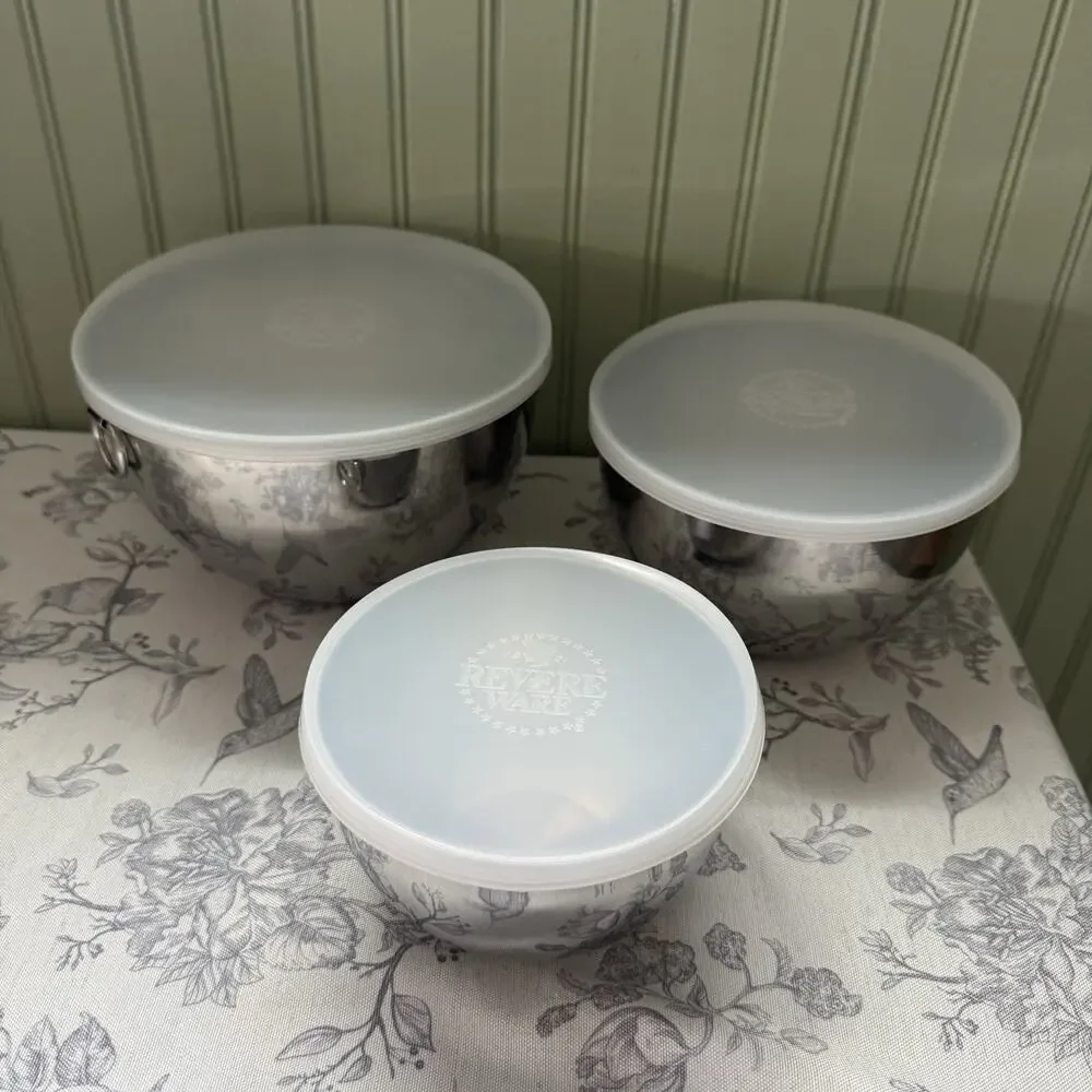 Vtg Revere Ware Stainless Steel Nesting Mixing Bowls Set of 3 Lids Ring Handle